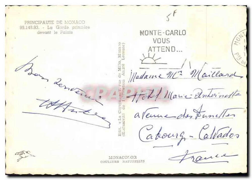 A Guarda Principal diante do Palácio — Mônaco — Editor La Cigogne, n° 39.149.93 - Verso
