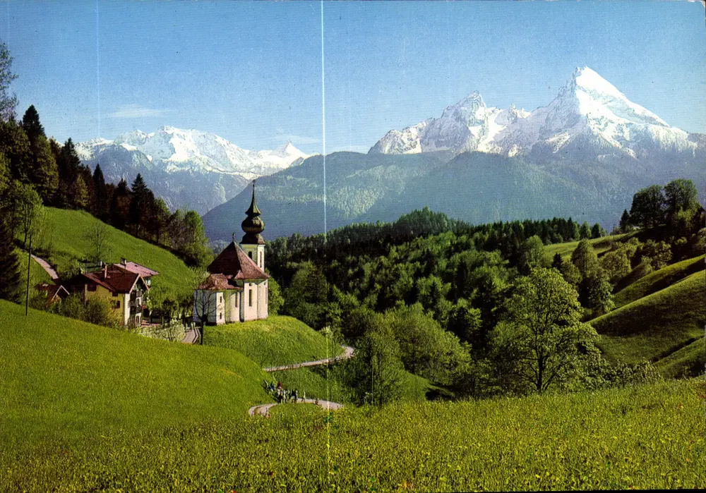 Maria Gern mit Funtenseetauern — Schönfeldspitze und Watzmann — Aufnahme- und Verlag H. Ammon, 824 Bardachweg - Vorderseite