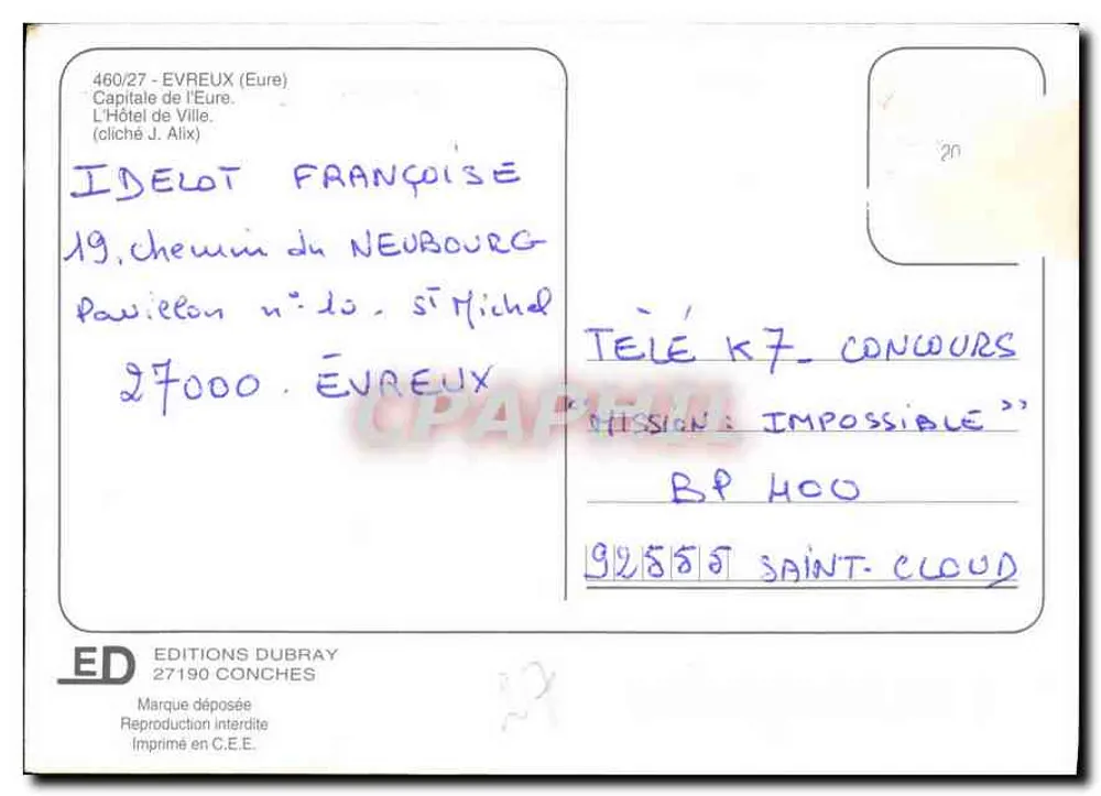 Évreux (Eure) — Hotel de Ville — Wydawnictwo Dubray nr 460/27 - Rewers