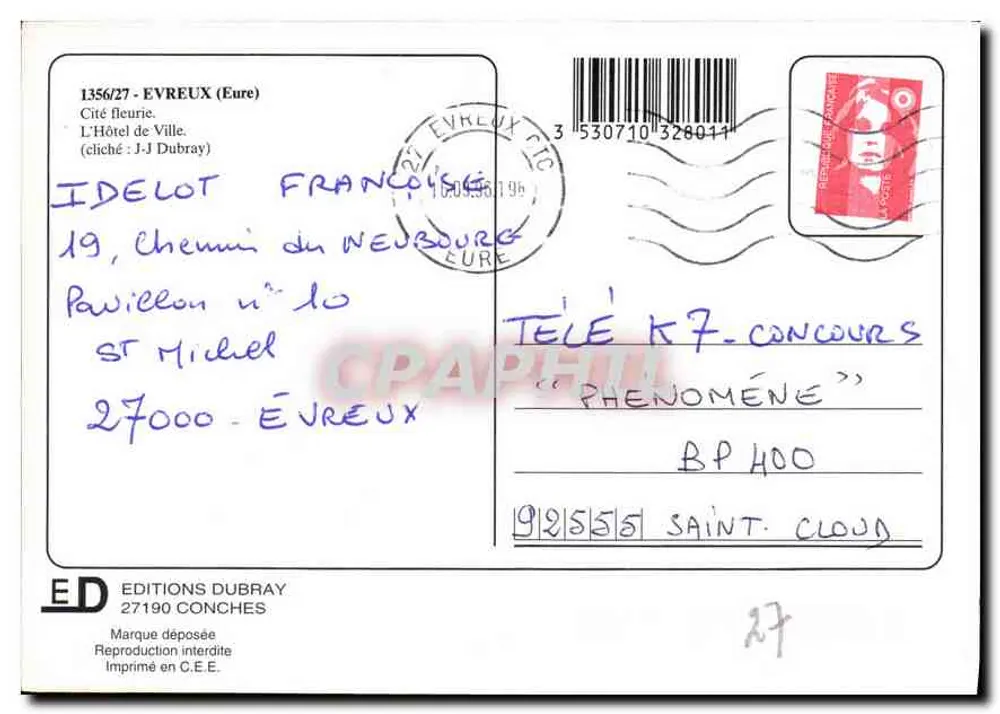 Evreux — Hotel de Ville — Edições Dubray, n°1356/27 - Verso