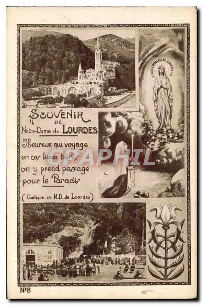 Nossa Senhora de Lourdes — Lembrança de viagem — Edição P. Douet, N°8 - Frente