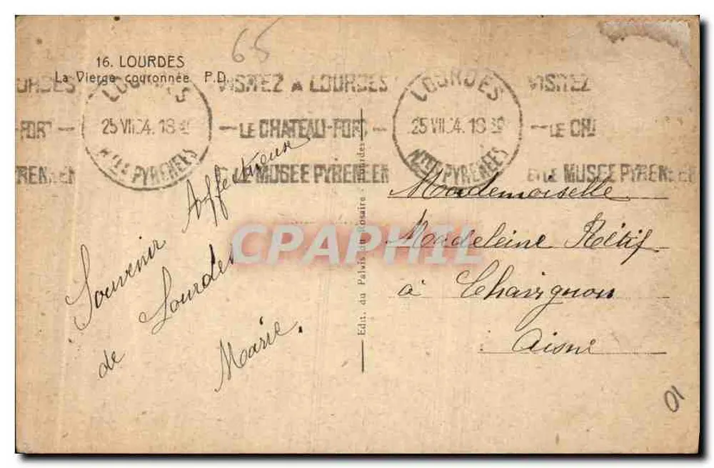 Estátua da Virgem Coroada — Lourdes — editor Deruot - Verso