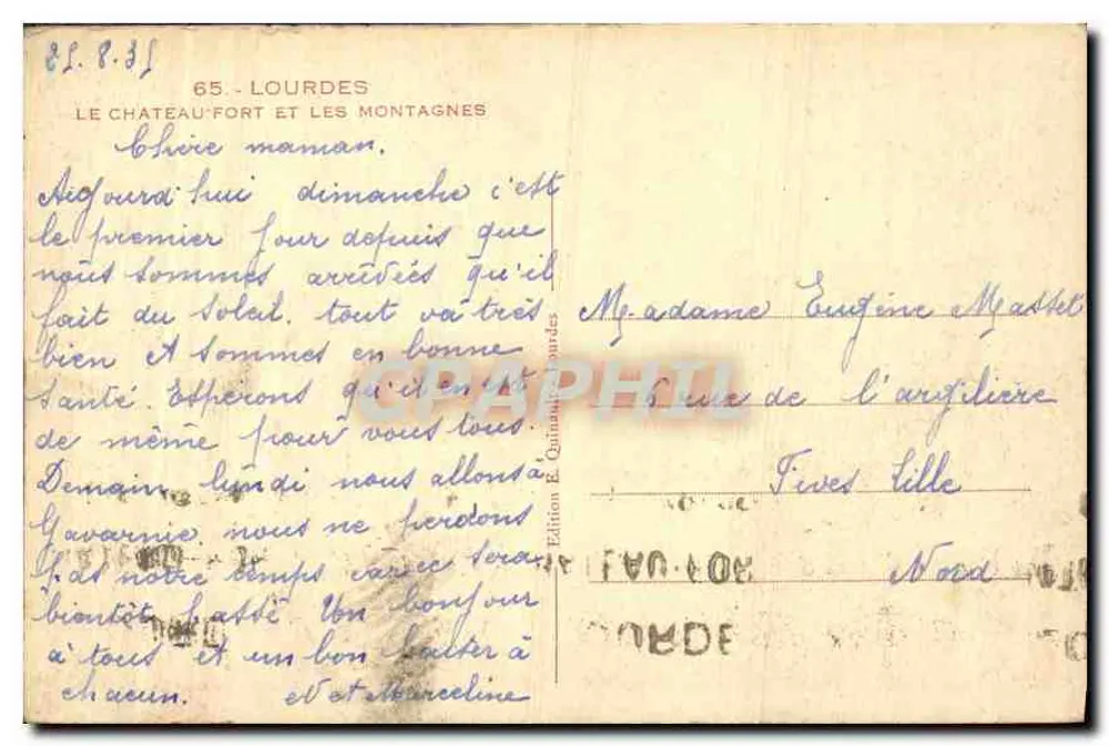 Das Schloss-Festung und die Berge — Lourdes — Edition E. Guillaume, n°65 - Rückseite