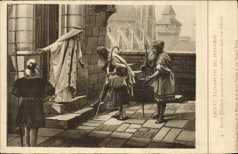 Santa Elisabeth da Hungria — acolhendo os desafortunados em seu castelo — Coleção Artística da Maison de la Ronne Pressé, 5, rue Bayard, Paris - Frente