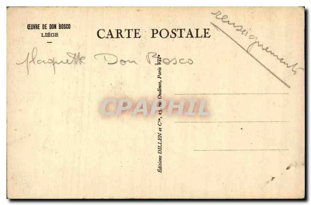 La Madone de Don Bosco — représentation de la Vierge à l'Enfant couronnée, tenant un bâton croisé — Éditeur : Éditions Dillen, Paris - Verso