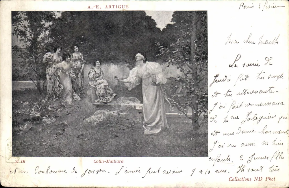 Mulheres em um jardim — cena de gênero — A.-E. Artigue, editada por Colin-Maillard, n°51 - Frente