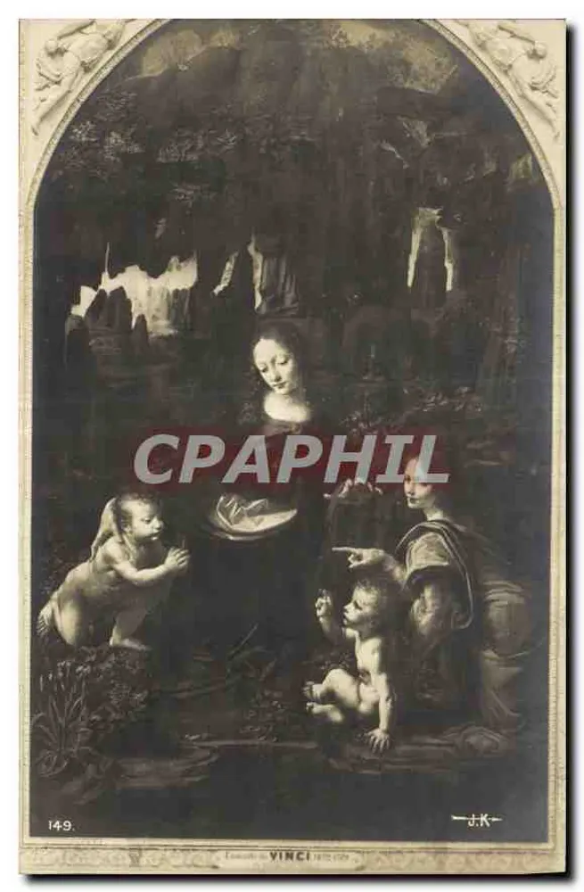 A Virgem com o Menino em uma gruta — reprodução de uma obra atribuída a Leonardo da Vinci — editada por J.K. n°149 - Frente