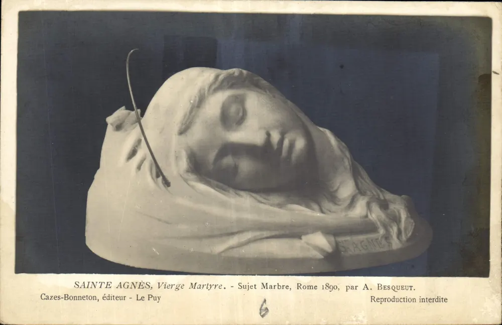 सेंट-एग्नेस, मार्टिर वीरजन — मार्बल में स्कल्पचर, रोम 1890, ए. बेस्क्यूएट द्वारा — काज़े-बोनेटॉन, छापकर्ता ले प्यू - आगे