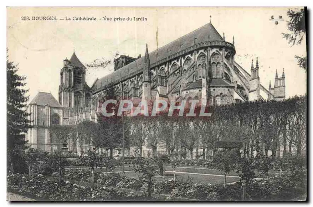 Bourges — La Cathédrale — Vue prise du Jardin — Éditeur E.M.B. n°203 - Recto