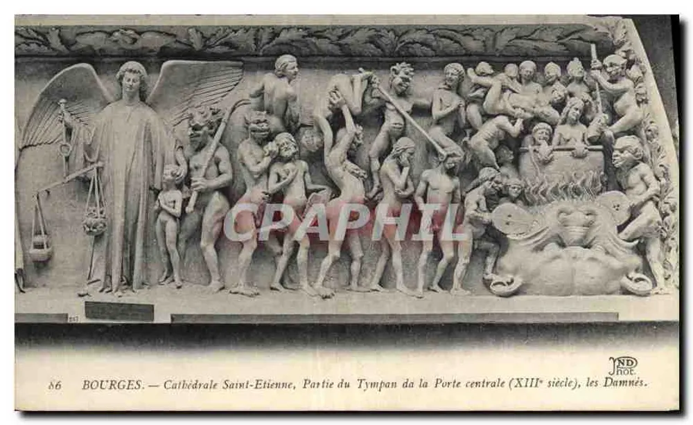 Bourges — Kathedrale Saint-Étienne, Teil des Tympanons der Haupttür (13. Jahrhundert), die Verdammten — NDH - Vorderseite