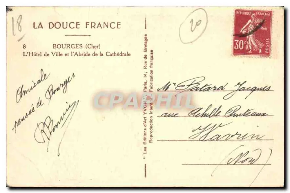 Bourges (Cher) — L'Hôtel de Ville et l'Abside de la Cathédrale — Yvon, n°17 - Verso
