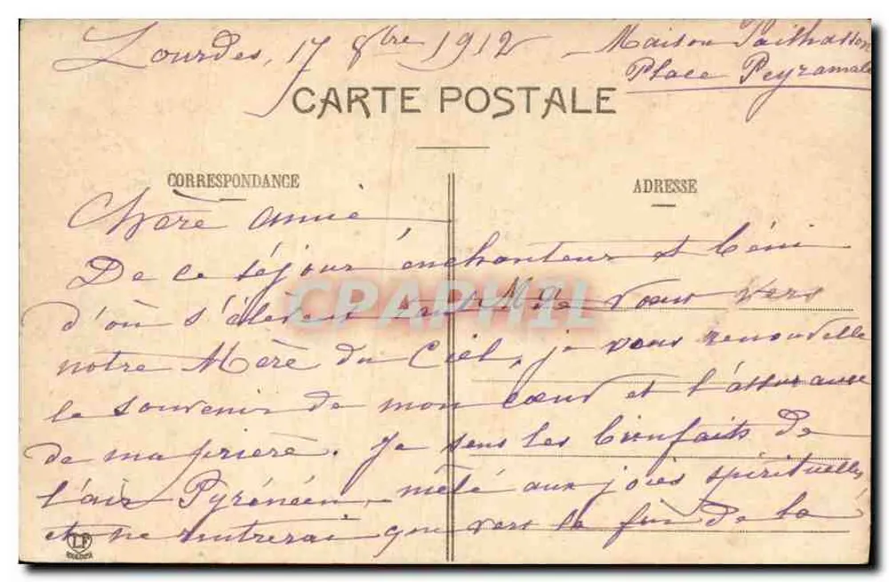 Lourdes — Aparição de Nossa Senhora — Editor C. Gouanet - Verso