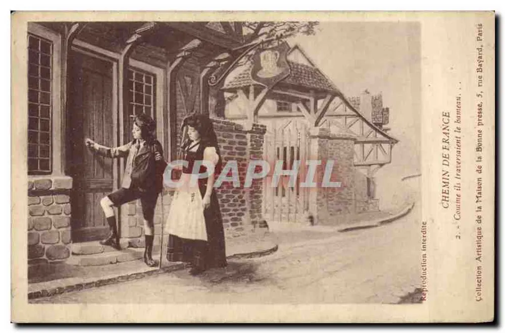 Dois personagens diante de uma casa com colunas — Chemin de France, 5, rue Bayard, Paris - Frente