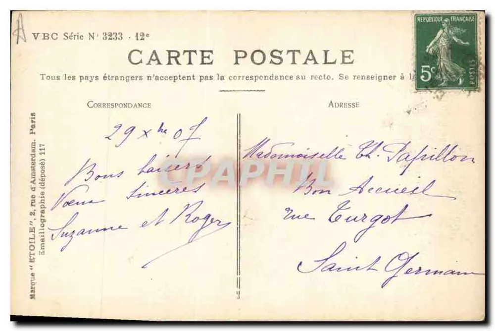 Mädchen in Kleid und blühendem Hut — VBC Serie Nr. 3233 — Émaillographie Paris - Rückseite
