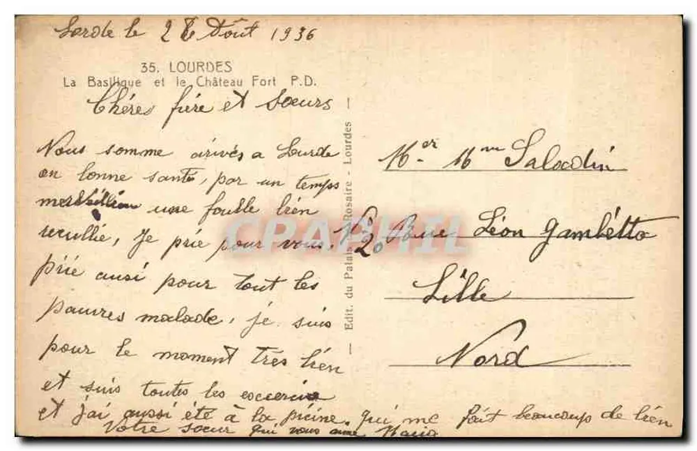Lourdes — La Basilique et le Château Fort — Éditeur du Palais Rosaire, n° 35 - Verso