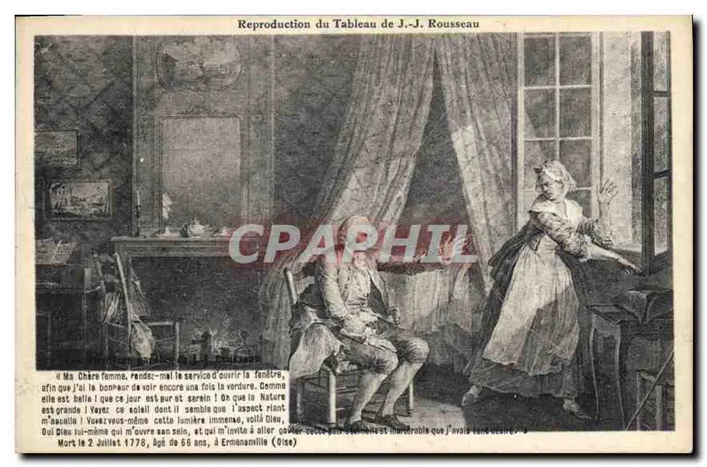 Riproduzione del dipinto di J.-J. Rousseau — Morto il 2 luglio 1778, all'età di 66 anni, a Ermenonville (Oise) — editore non visibile - Recto