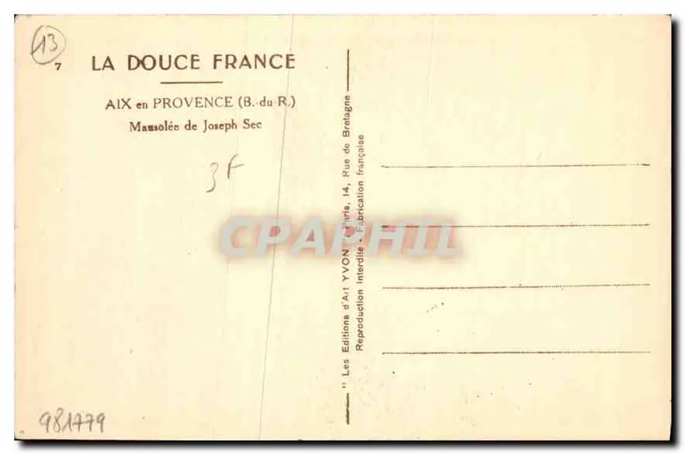 Mausoleo di Joseph Sec — Aix-en-Provence (B. du R.) — Edizioni d'Arte YVON, Parigi - Verso