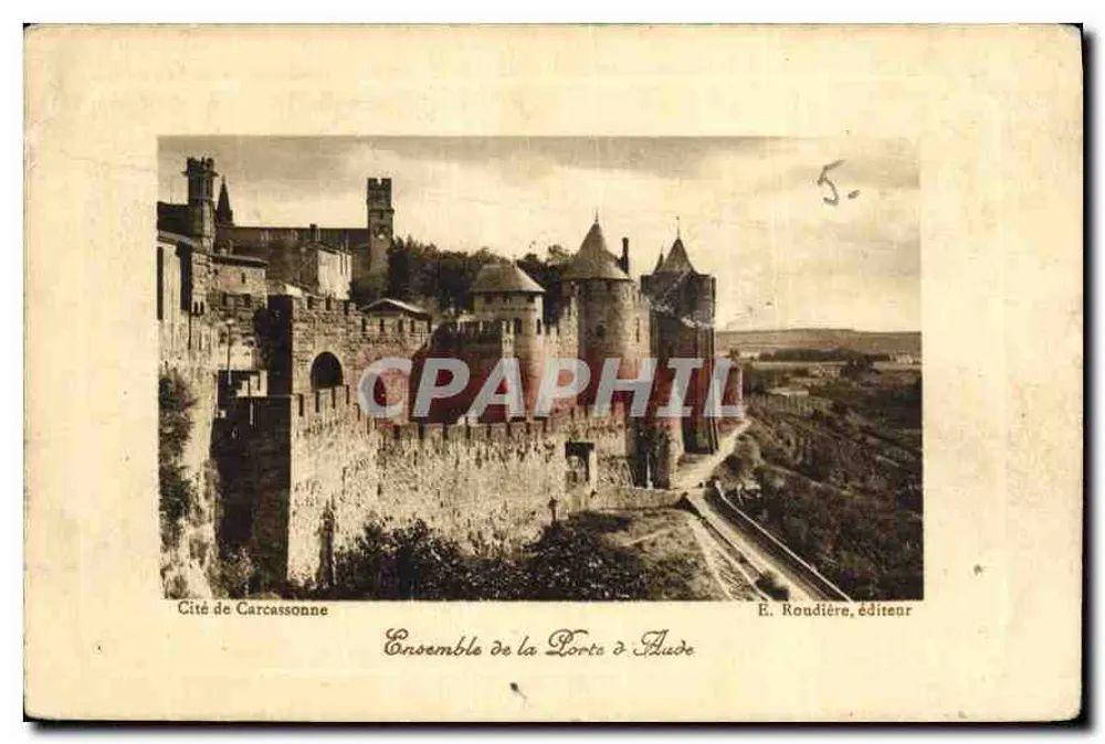 Cidade de Carcassonne — Conjunto da Porta de Aude — E. Roudière, editor - Frente