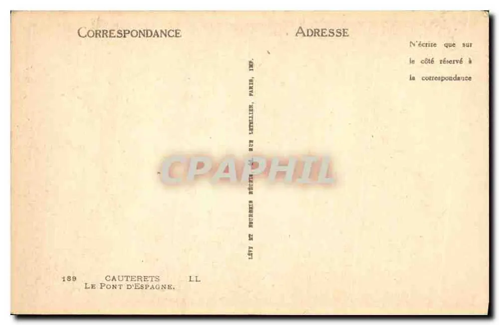 O Ponte da Espanha — Cauterets — Editor LL, n° 189 - Verso