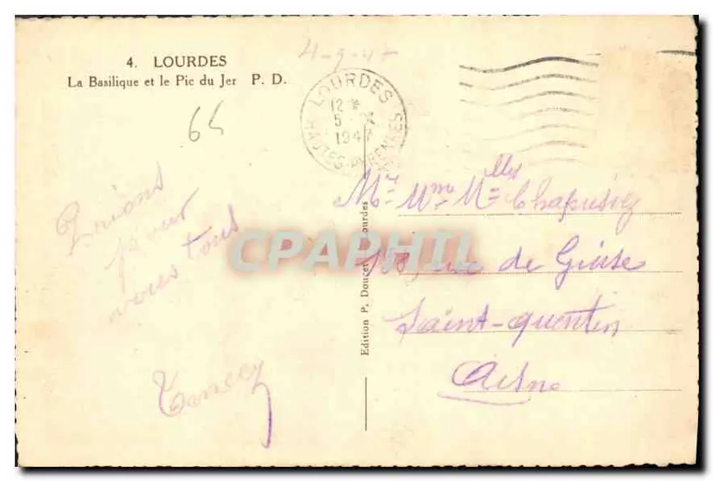Lourdes — A Basílica e o Pic du Jer — Edição P. Doucet, n°4 - Verso