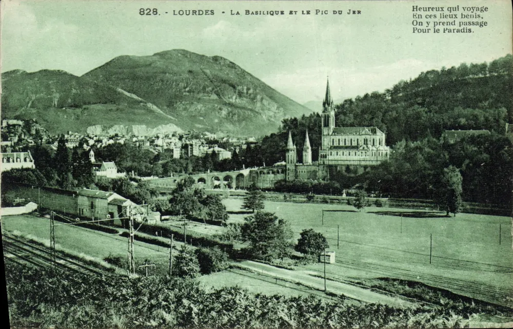 Lourdes - La Basilica e il Pic du Jer — Editore anonimo, numero di serie 828 - Recto