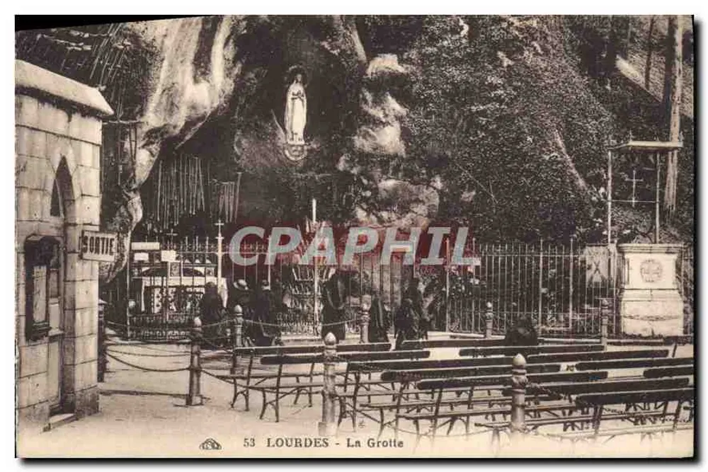 Lourdes - A Grotta — vista da grotta de Massabielle com estátua da Virgem, editor n° 53 - Frente