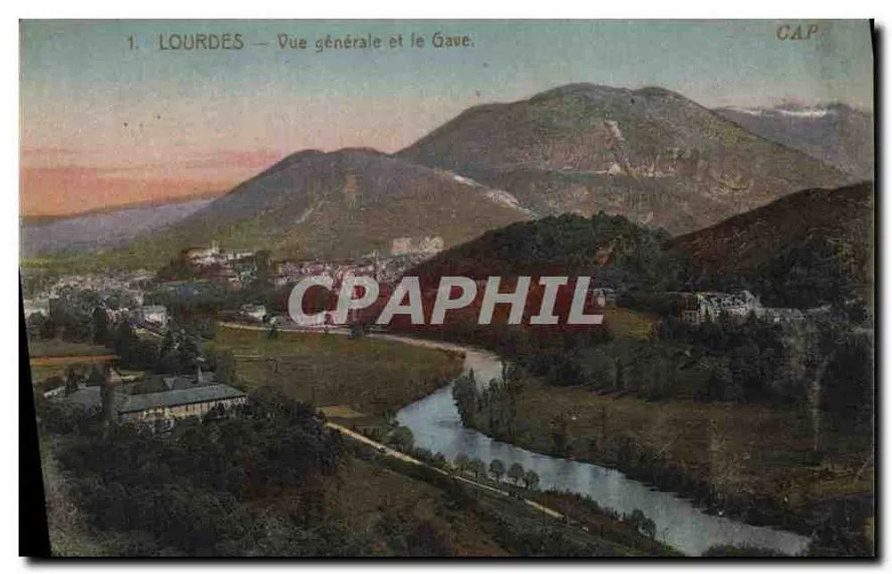 Lourdes — Vista geral e o Gave — Bilhete postal antigo - Frente