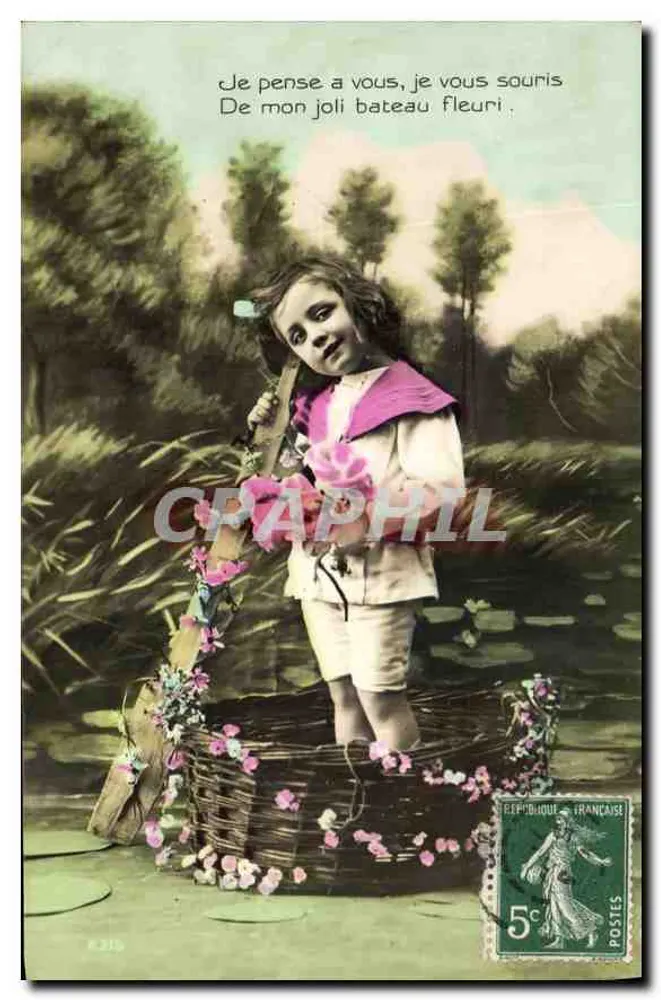 Kleine Mädchen in einem blumengeschmückten Boot — Garten-Szene — Verlag A.315 - Vorderseite