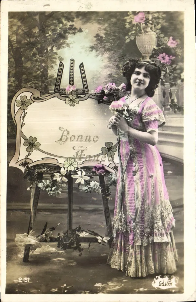 Frau in einem rosa Kleid — Frohe Neujahr — Verlag L. DARTY, Nr. 2151 - Vorderseite