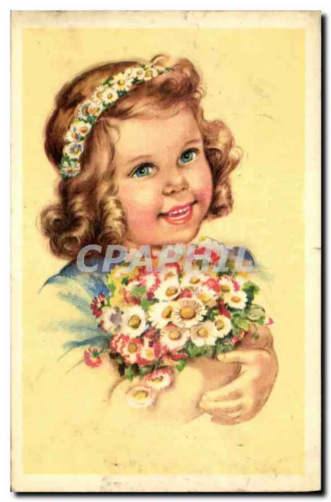 Menina sorridente com coroa de flores — segurando buquê — impressa na Holanda - Frente