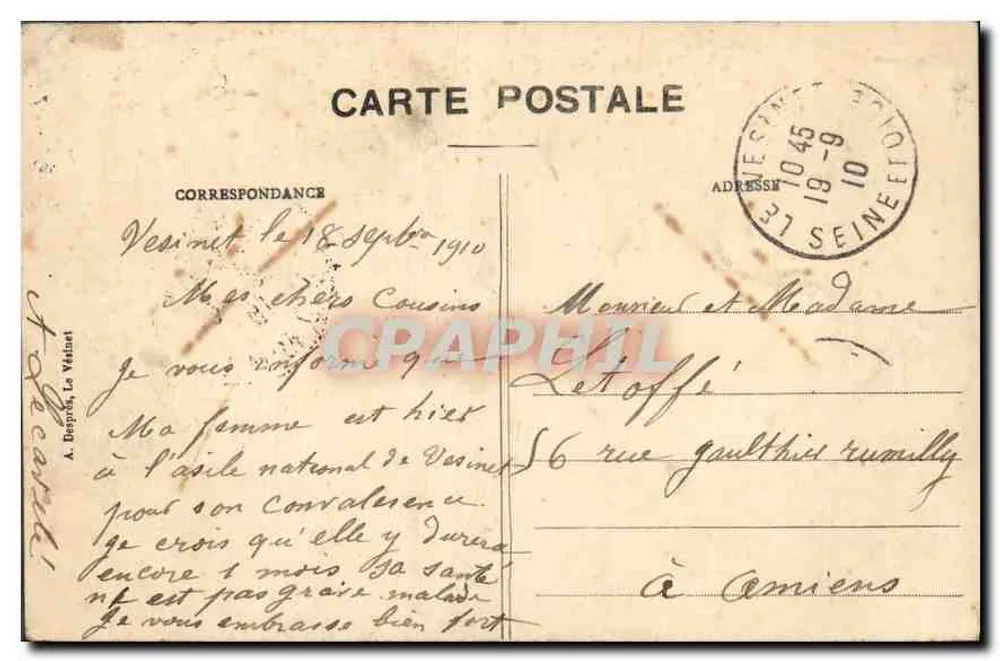 Asilo Nacional do VÉSINET - Cours d'honneur — editor desconhecido, número de série não visível - Verso