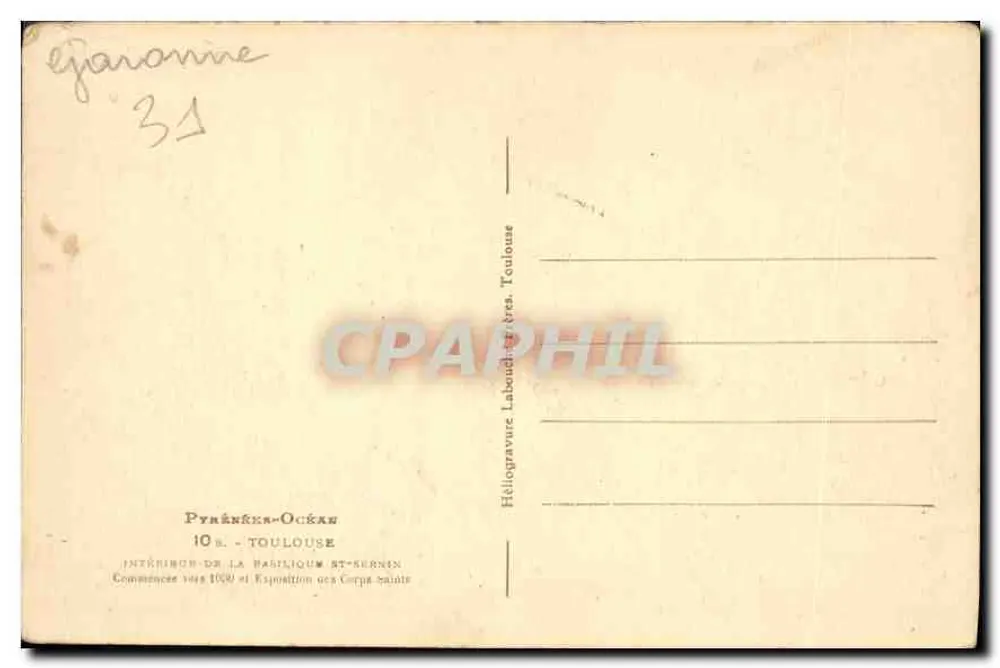 Innenansicht der Basilika Saint-Nerin — Toulouse — Héliogravure Labouchère - Rückseite
