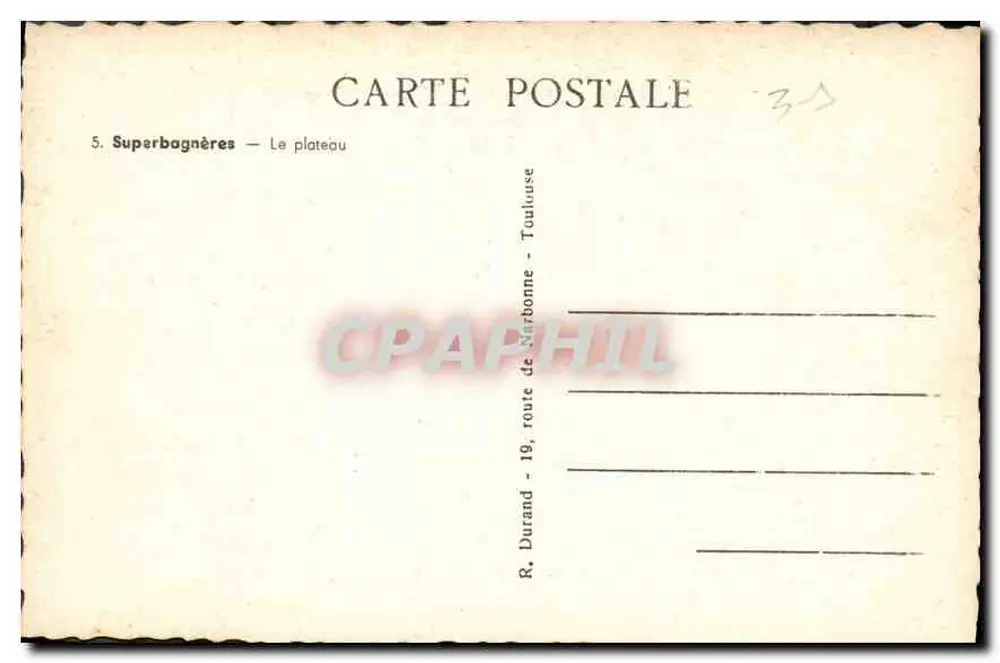 Superbagnères — O plateau — R. Durand, estrada de Narbonne - Toulouse - Verso