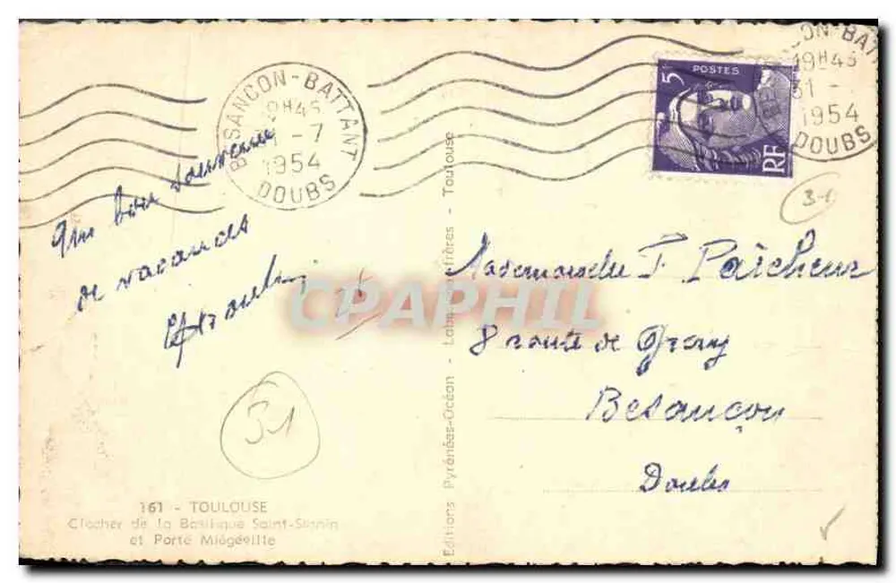 Spitz der Basilika Saint-Sernin und Miageillite-Tor — Toulouse — Éditions Pyrénées-Océan, n°161 - Rückseite