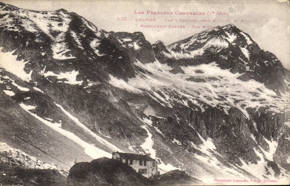 Pirineus Centrais (1ª Série) — Lago de Espingo (1875 m) — Refúgio — Vale de Arrens — Fototipia Labouche Frères, Toulouse - Frente