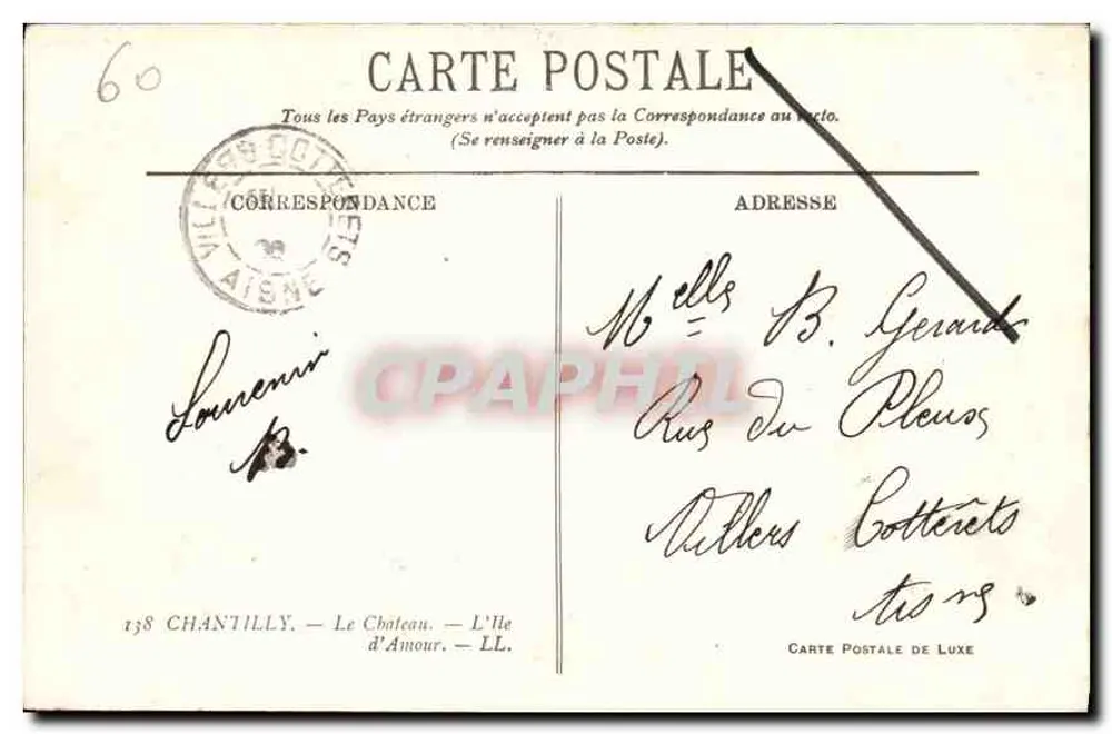 O Castelo do Amor — Chantilly — Carte Postale de Luxe - Verso