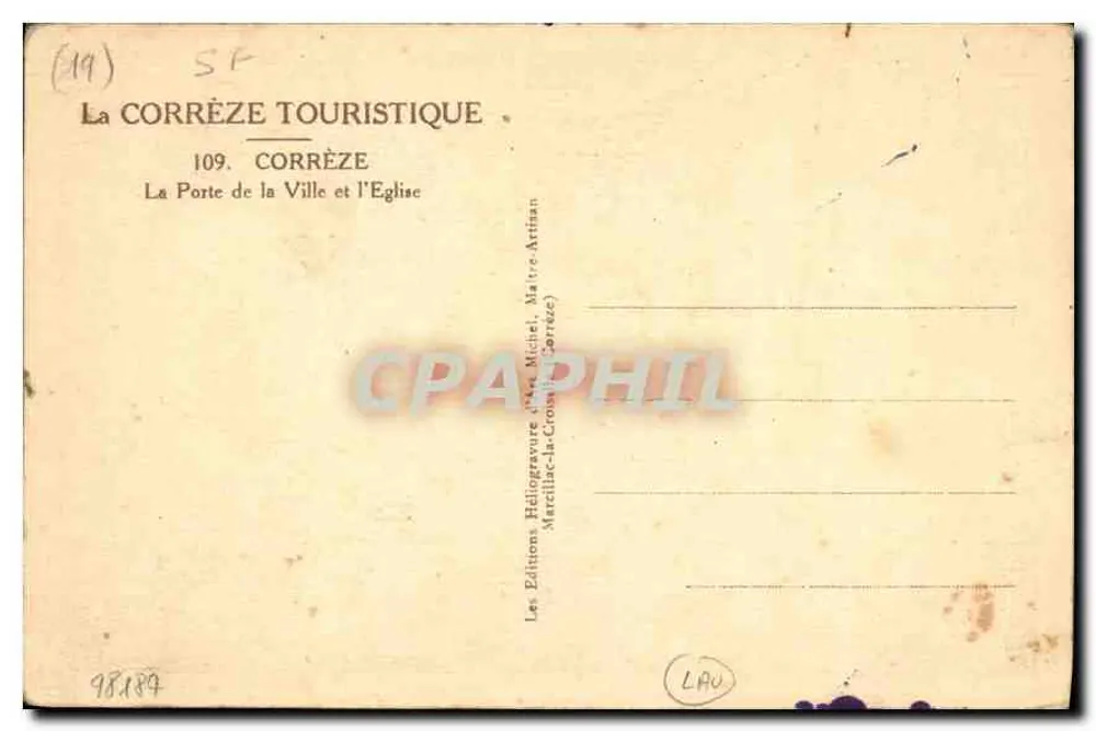 Die Stadttüre und die Kirche — Corrèze — Verlag: Les Éditions Héliogravure d'Art, Marcillac-la-Croix (Corrèze) - Rückseite
