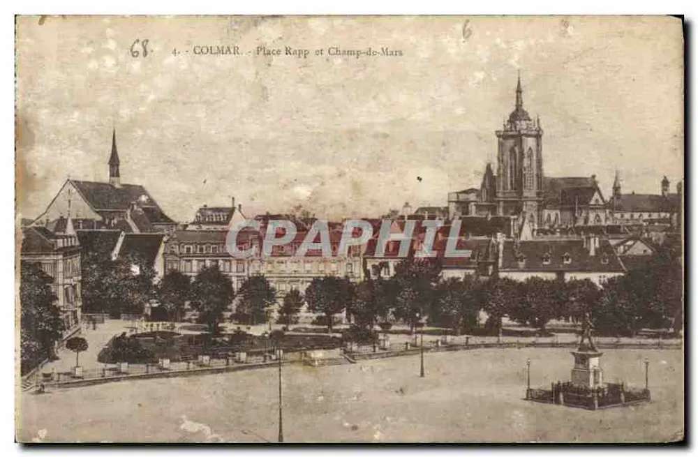 Colmar - Place Rapp e Champ-de-Mars — vista panorâmica com igreja e monumento central - Frente