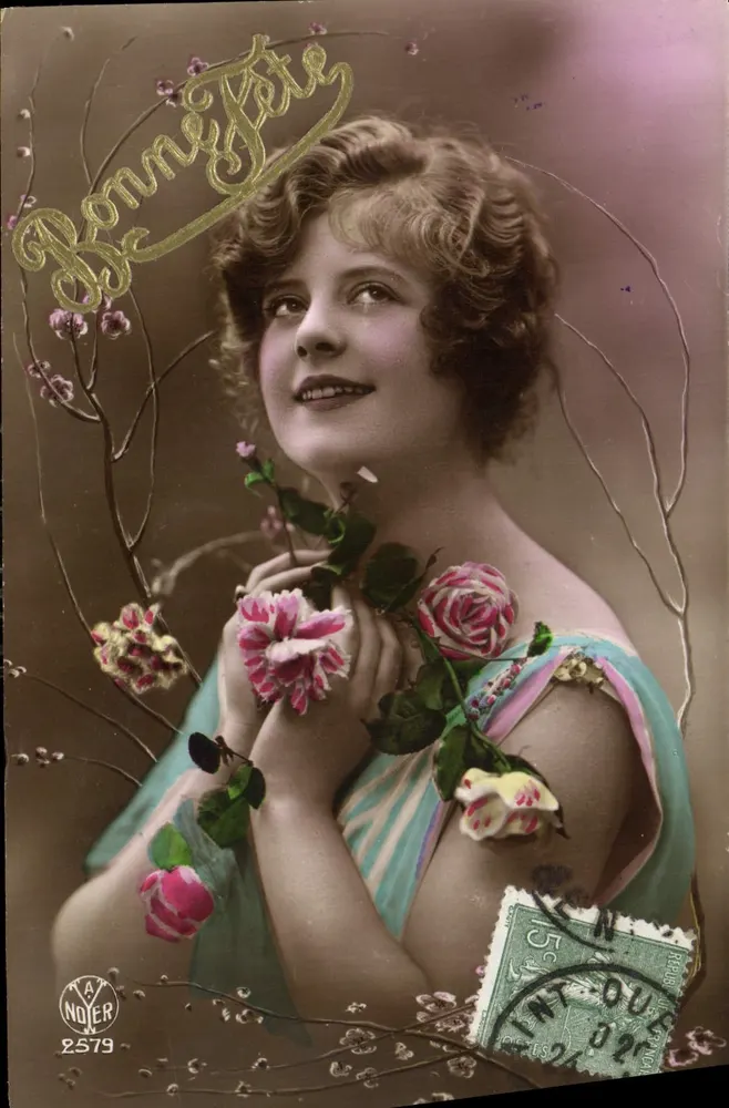 Junge Frau mit Rosen — Frohe Geburtstagskarte — N.A. NOIER n°2579 - Vorderseite
