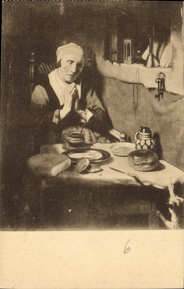 Mulher orando à mesa — cena interior — Nic. Maes, série 1501, J.M. Schalekamp, Amsterdam - Frente