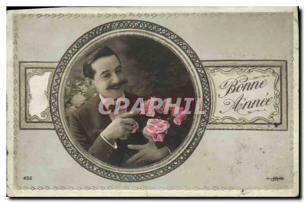 Homem com bigode com rosas — Boa Ano — editor JK, n° 432 - Frente