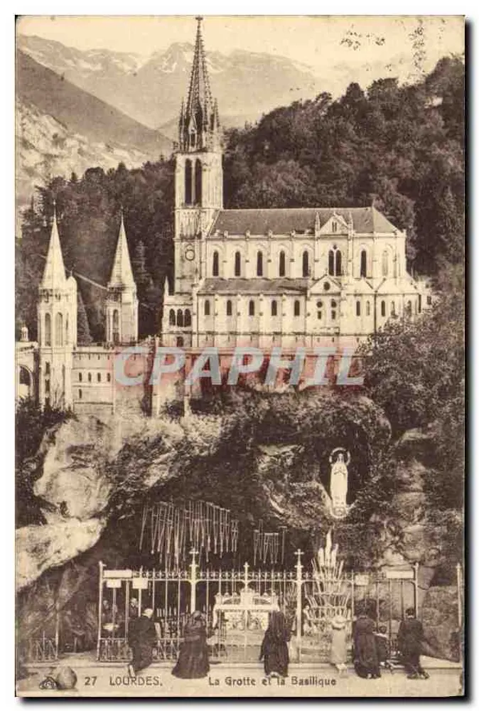 Lourdes — A Gruta e a Basílica — Bilhete postal antigo n°27 - Frente