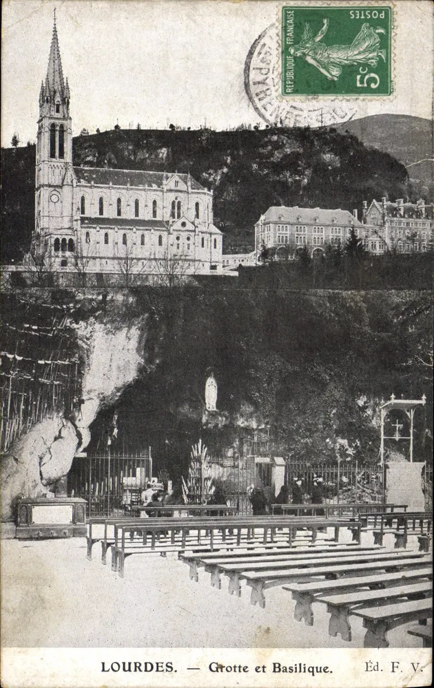 Lourdes — Gruta e Basílica — Éd. F. V. - Frente