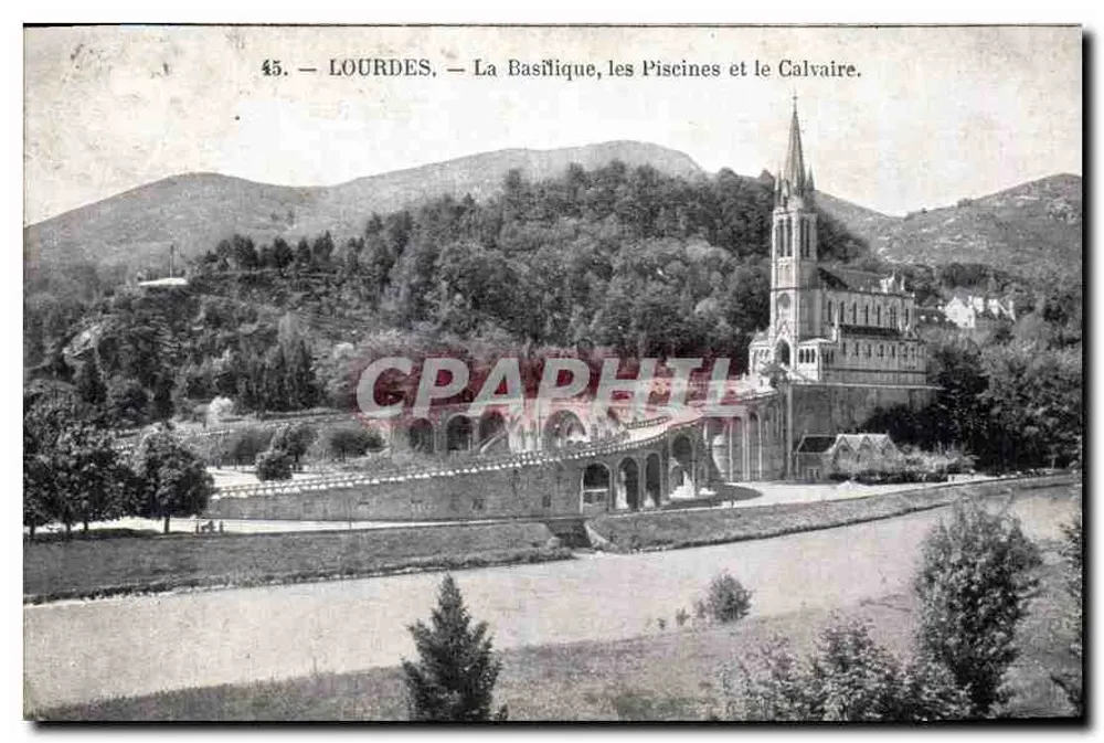 Lourdes — Die Basilika, die Piscines und der Calvary. - Vorderseite