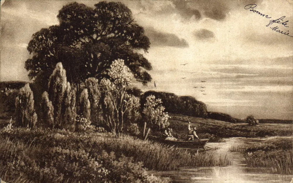 Paisagem fluvial — barco com duas pessoas — Amaglio, série 0312 c. - Frente