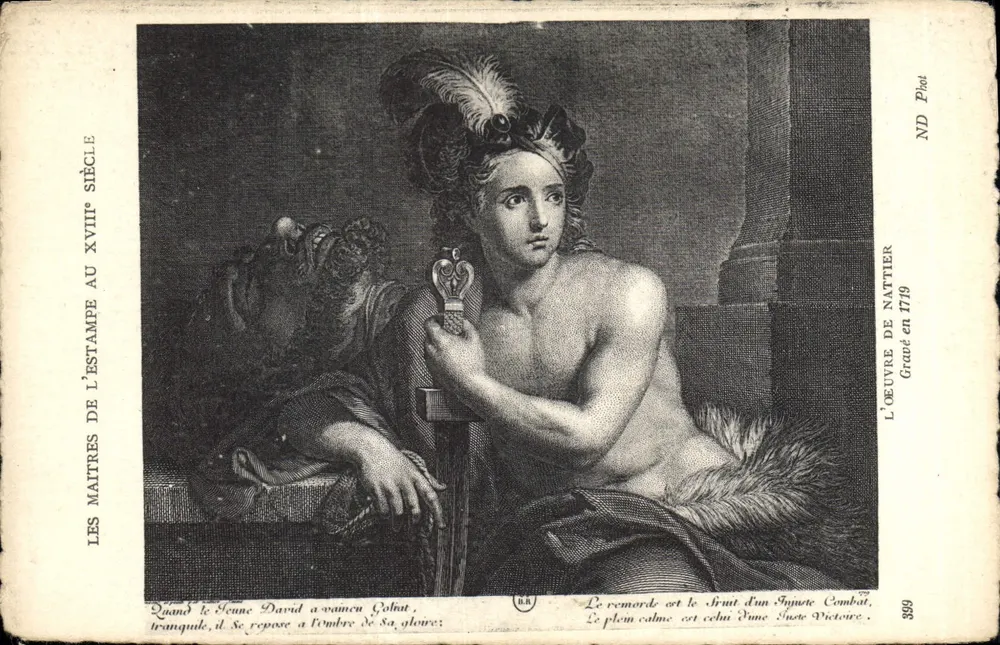 David repousando após a vitória sobre Golias — gravura de Nattier, 1719 — Os Mestres da Gravura no Século XVIII - Frente