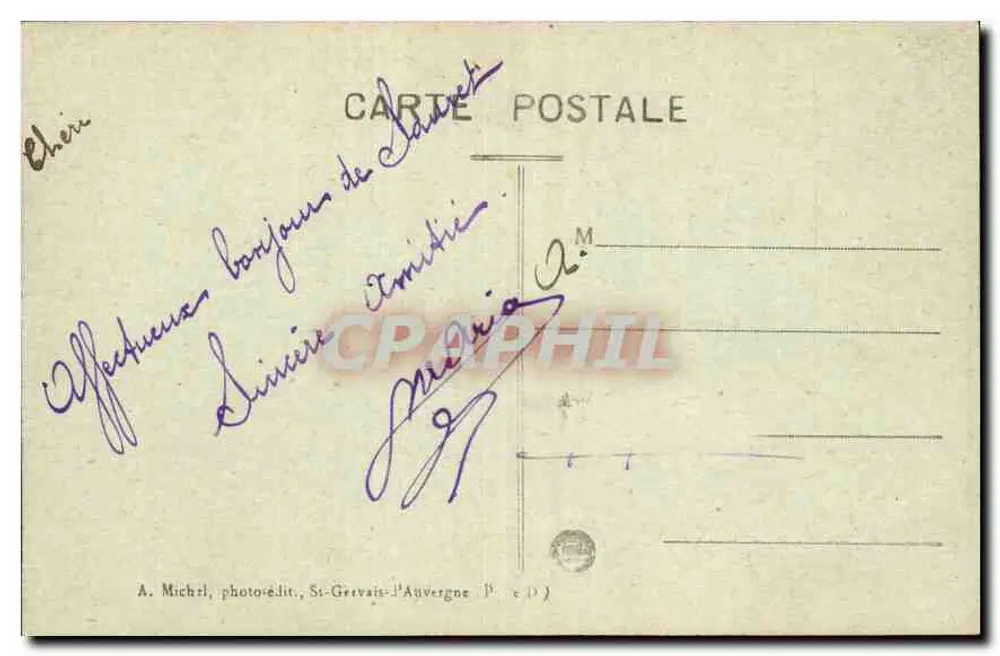 La Vallée de la Sioule aux Garachons — derivação do rio e estrada ao longo do local pitoresco de Chambonnet aux Fades — A. Michel, St-Gervais-d’Auvergne - Verso