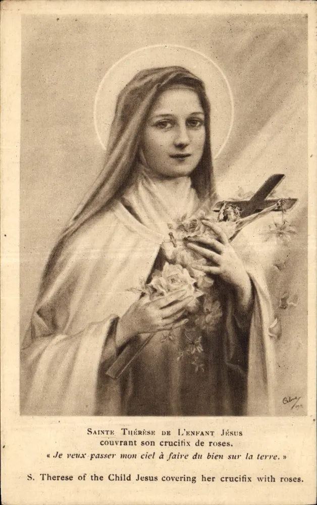 Heilige Thérèse vom Kindlein Jesus — ihr Kreuz mit Rosen bedeckt — Verleger O. Lévy, n° 102 - Vorderseite