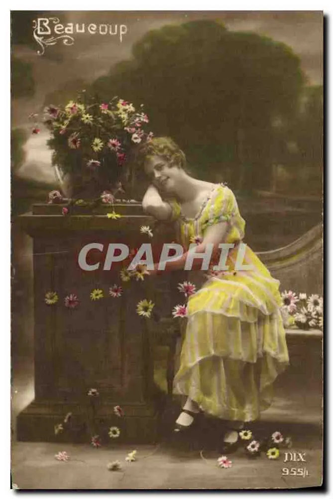 Jovem mulher em vestido amarelo — entre flores — édit. Beau coup, n° 955 - Frente