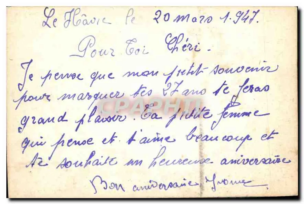 Mulher no balcão — homem embaixo — ARS 7799 — texto: 'Sua presença é doce / Sua ausência é cruel' — dedicação '20 anos' em amarelo - Verso